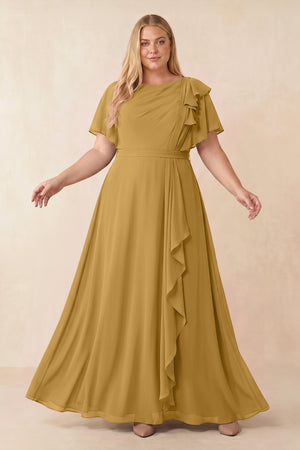 Marigold Short Sleeves Bateau A-Line Chiffon Bridesmaid Dress [sizeplus] | KISSBRIDAL
