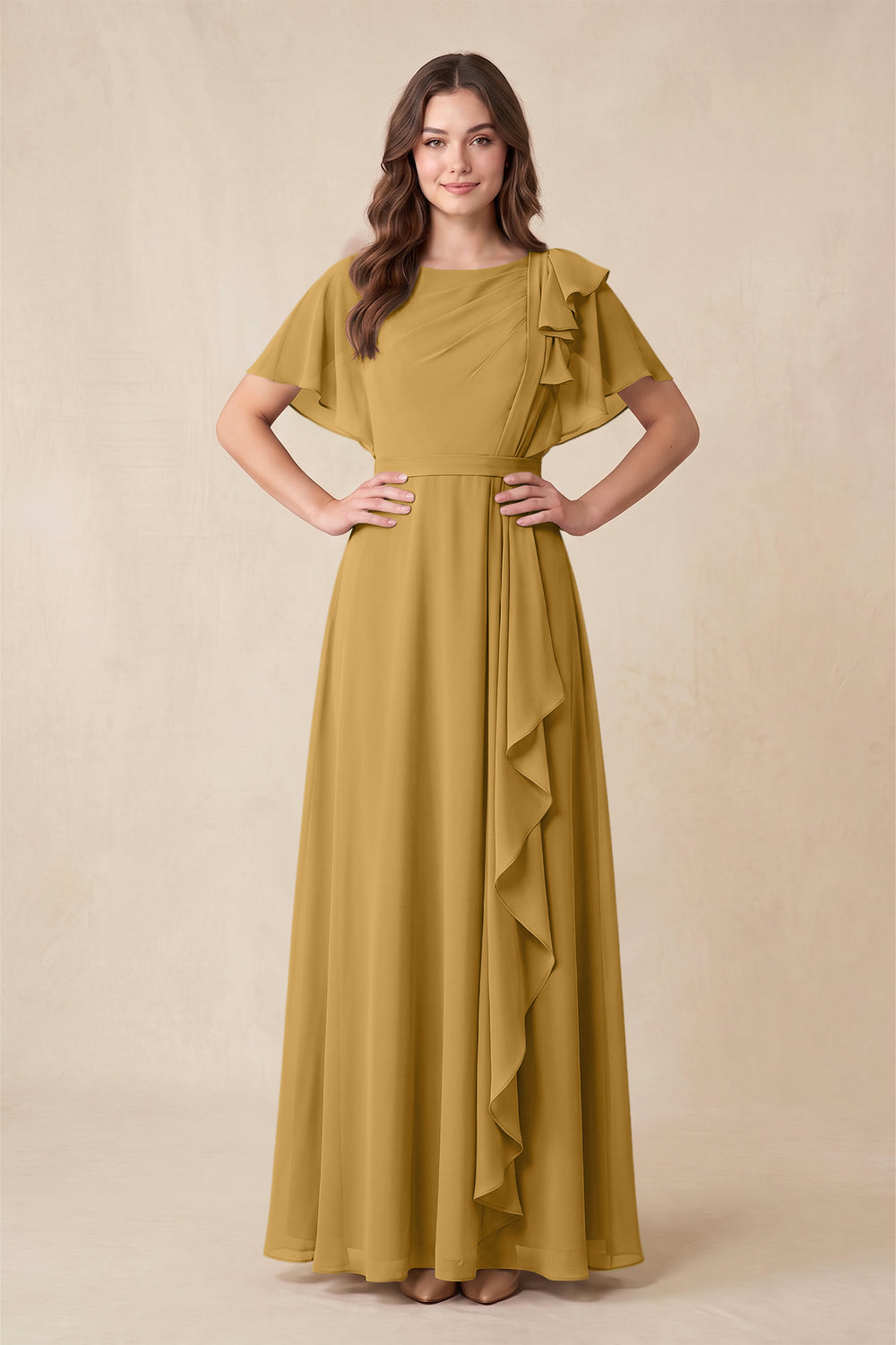 Short Sleeves Bateau A-Line Chiffon Bridesmaid Dress in Marigold