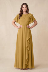 Marigold Short Sleeves Bateau A-Line Chiffon Bridesmaid Dress | KISSBRIDAL