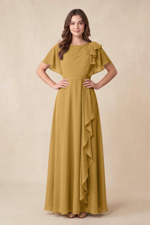 Marigold Short Sleeves Bateau A-Line Chiffon Bridesmaid Dress | KISSBRIDAL