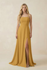 Marigold Spaghetti Strap Chiffon A-Line Bridesmaid Dress | KISSBRIDAL