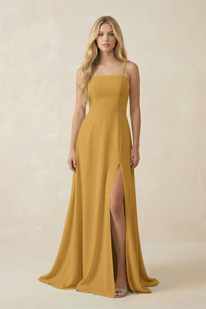 Marigold Spaghetti Strap Chiffon A-Line Bridesmaid Dress | KISSBRIDAL