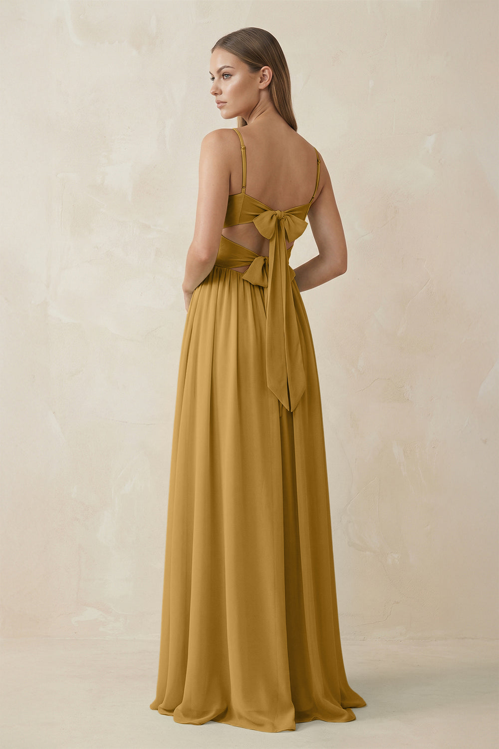 Spaghetti Strap Pleated A-Line Chiffon Bridesmaid Dress in Marigold
