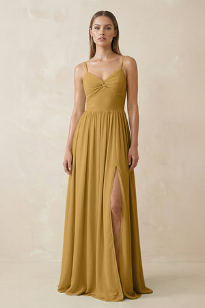 Marigold Spaghetti Strap Pleated A-Line Chiffon Bridesmaid Dress | KISSBRIDAL