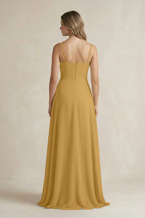 Marigold Spaghetti Strap Ruffled A-Line Chiffon Bridesmaid Dress (2) | KISSBRIDAL
