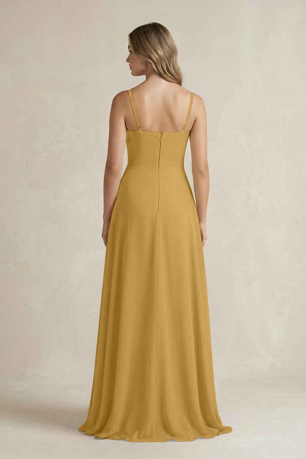 Marigold Spaghetti Strap Ruffled A-Line Chiffon Bridesmaid Dress (2) | KISSBRIDAL