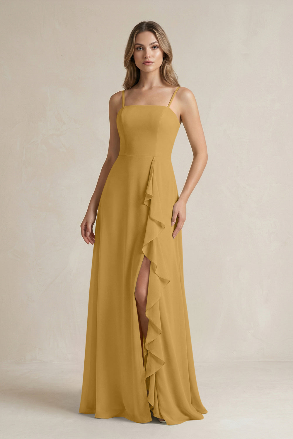 Spaghetti Strap Ruffled A-Line Chiffon Bridesmaid Dress in Marigold