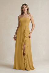 Marigold Spaghetti Strap Ruffled A-Line Chiffon Bridesmaid Dress | KISSBRIDAL