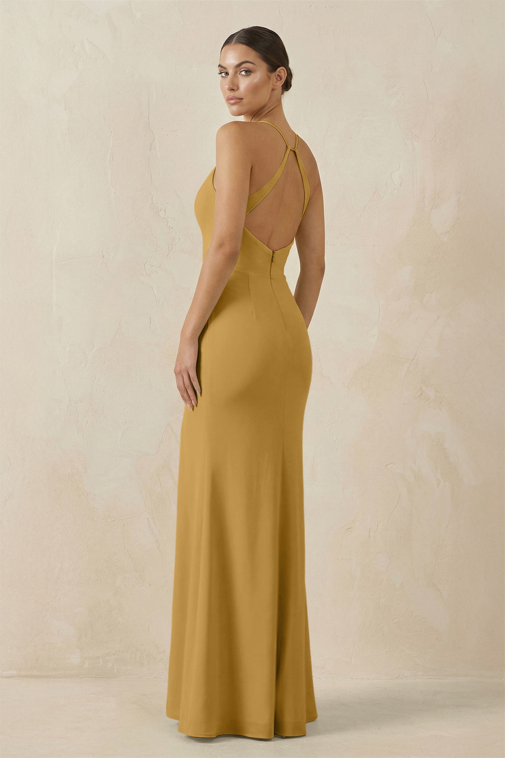 Spaghetti Strap Sheath Chiffon Bridesmaid Dress With Slit in Marigold