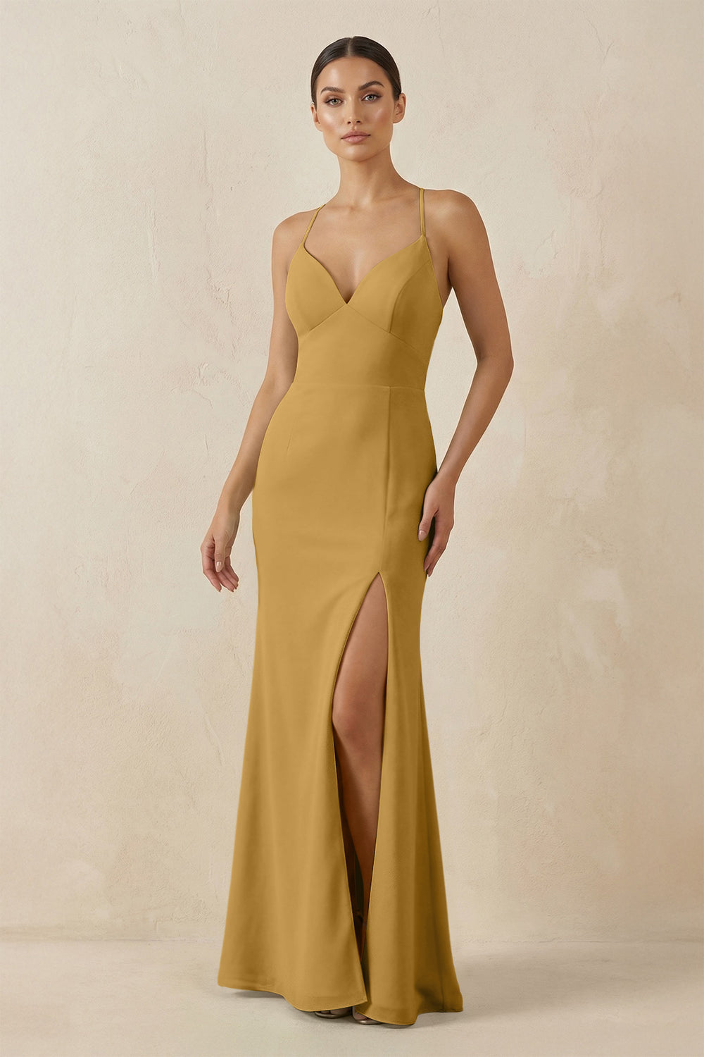 Spaghetti Strap Sheath Chiffon Bridesmaid Dress With Slit in Marigold