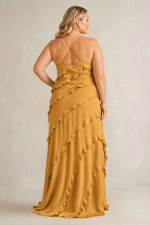 Marigold Spaghetti Straps Sheath Stain Ruffled Bridesmaid Dress (2) | KISSBRIDAL[sizeplus]