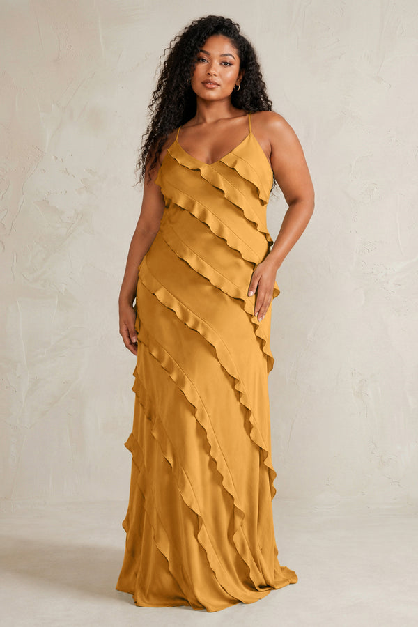 Marigold Spaghetti Straps Sheath Stain Ruffled Bridesmaid Dress (3) | KISSBRIDAL[sizeplus]