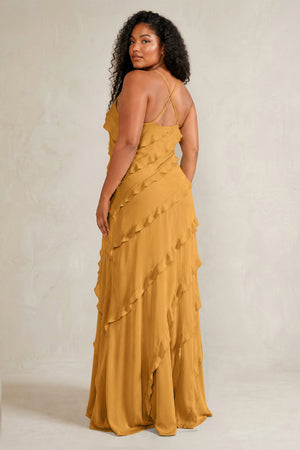 Marigold Spaghetti Straps Sheath Stain Ruffled Bridesmaid Dress (4) | KISSBRIDAL[sizeplus]