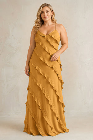 Marigold Spaghetti Straps Sheath Stain Ruffled Bridesmaid Dress | KISSBRIDAL[sizeplus]