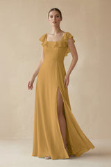 Marigold Square Neck A-Line Bridesmaid Dress with Ruffles | KISSBRIDAL