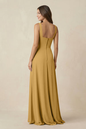 Marigold Square Neck A-Line Bridesmaid Dress With Slit (2) | KISSBRIDAL