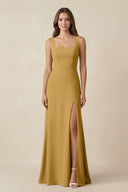 Marigold Square Neck A-Line Bridesmaid Dress With Slit | KISSBRIDAL