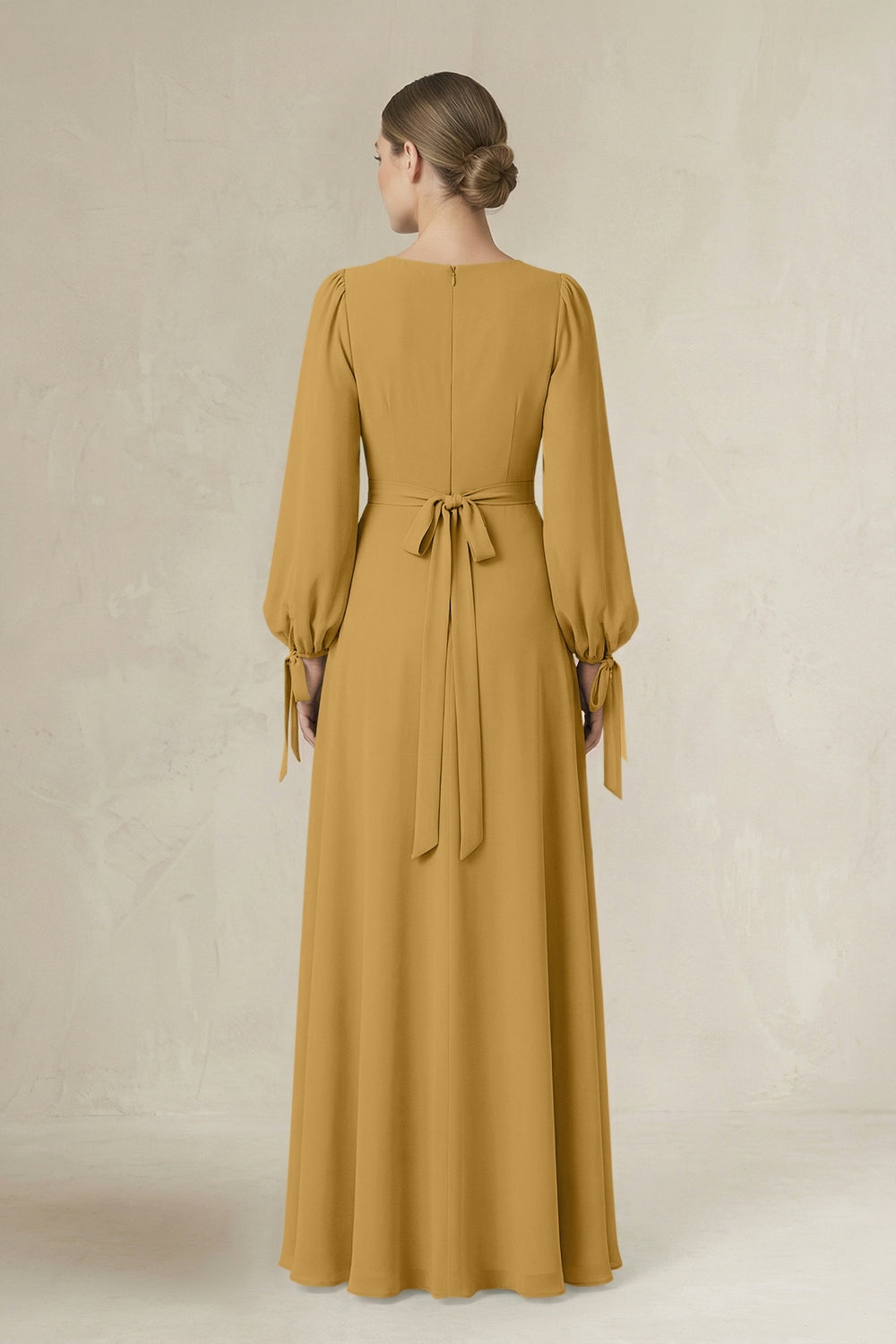 Square Neck Long Sleeve A-Line Chiffon Bridesmaid Dress in Marigold
