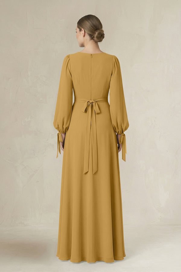 Marigold Square Neck Long Sleeve A-Line Chiffon Bridesmaid Dress in Marigold (2) | KISSBRIDAL
