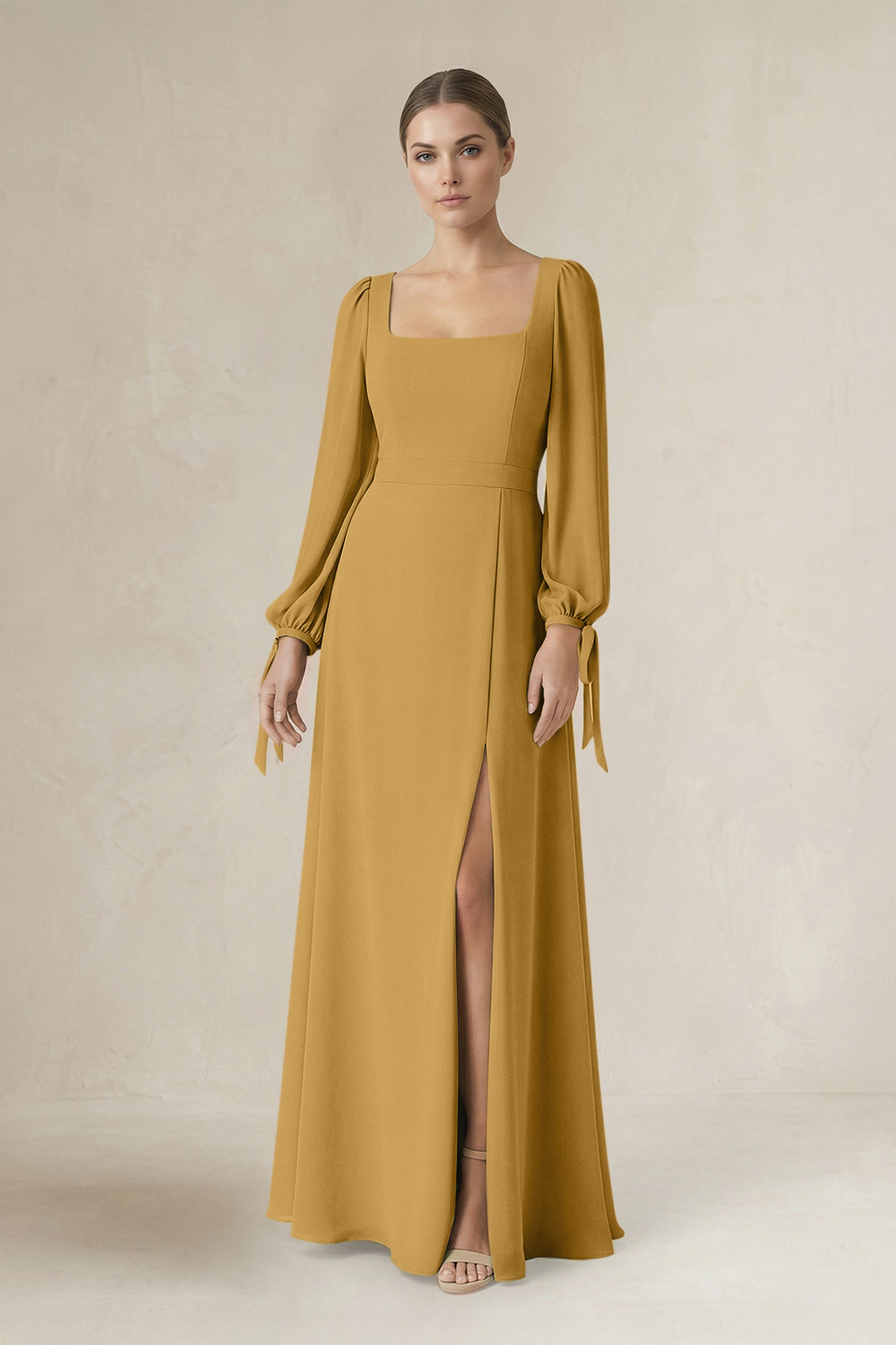 Square Neck Long Sleeve A-Line Chiffon Bridesmaid Dress in Marigold