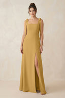 Marigold Square Neck Sheath Chiffon Bridesmaid Dress with Bow | KISSBRIDAL