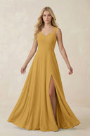 Marigold Sweetheart A-Line Chiffon Long Bridesmaid Dress | KISSBRIDAL