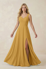 Marigold Sweetheart A-Line Chiffon Long Bridesmaid Dress | KISSBRIDAL