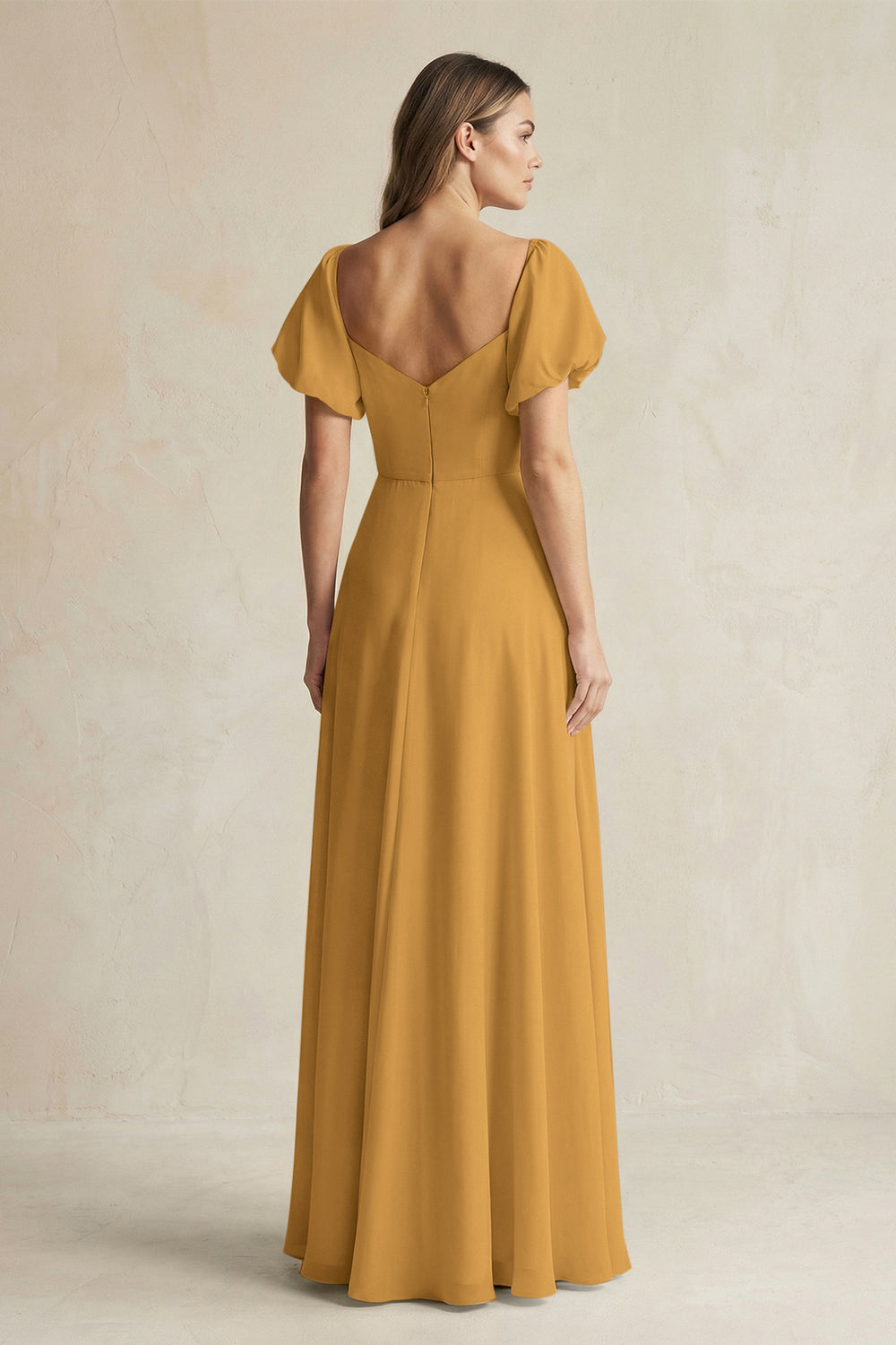 Sweetheart Puff Sleeve A-Line Chiffon Bridesmaid Dress in Marigold