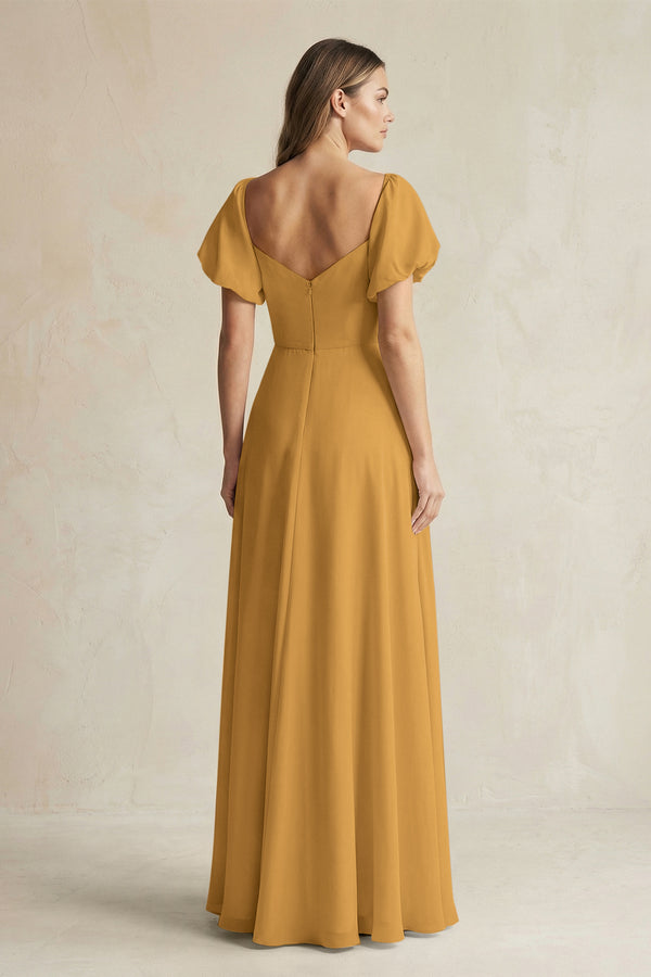 Marigold Sweetheart Puff Sleeve A-Line Chiffon Bridesmaid Dress (2) | KISSBRIDAL