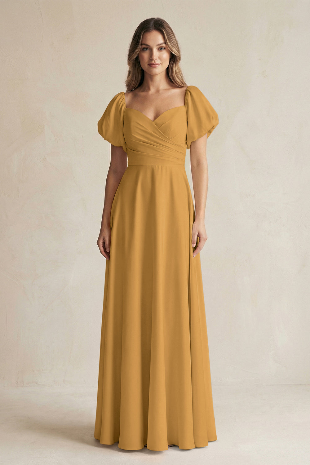 Sweetheart Puff Sleeve A-Line Chiffon Bridesmaid Dress in Marigold