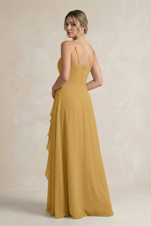 Marigold Sweetheart Ruffled A-Line Chiffon Bridesmaid Dress with Slit (2) | KISSBRIDAL