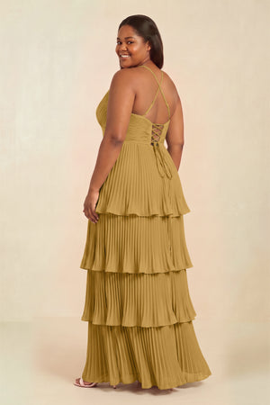 Marigold Tiered Pleated V-Neck A-Line Chiffon Bridesmaid Dress (2) [sizeplus] | KISSBRIDAL
