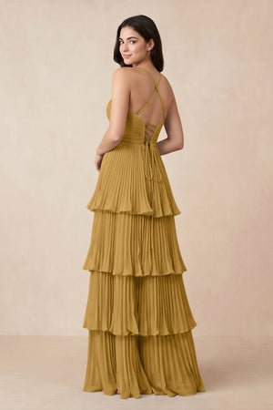 Marigold Tiered Pleated V-Neck A-Line Chiffon Bridesmaid Dress (2) | KISSBRIDAL