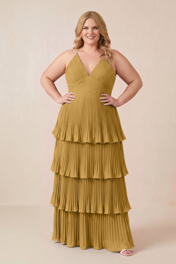 Marigold Tiered Pleated V-Neck A-Line Chiffon Bridesmaid Dress (3) [sizeplus] | KISSBRIDAL