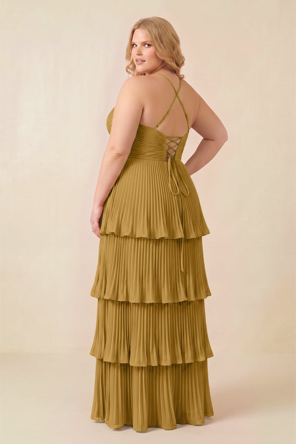 Marigold Tiered Pleated V-Neck A-Line Chiffon Bridesmaid Dress (4) [sizeplus] | KISSBRIDAL