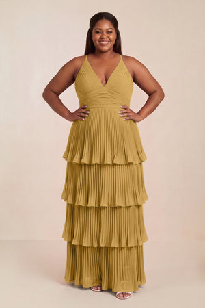 Marigold Tiered Pleated V-Neck A-Line Chiffon Bridesmaid Dress [sizeplus] | KISSBRIDAL