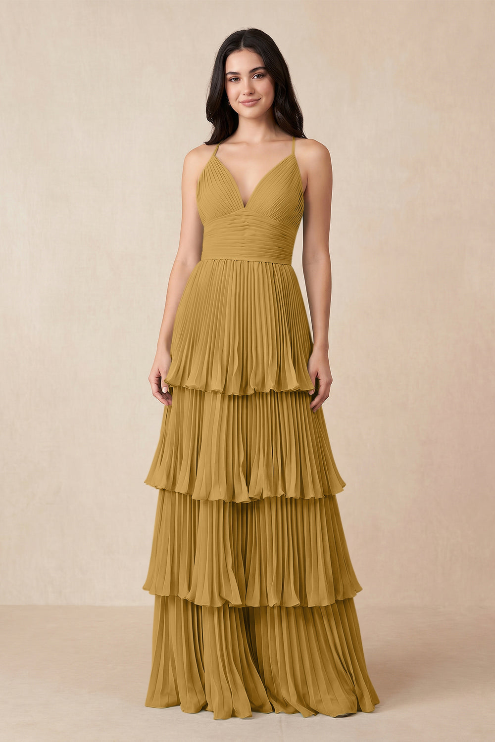 Tiered Pleated V-Neck A-Line Chiffon Bridesmaid Dress in Marigold