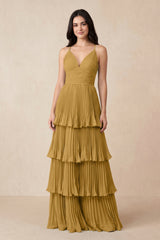 Marigold Tiered Pleated V-Neck A-Line Chiffon Bridesmaid Dress | KISSBRIDAL