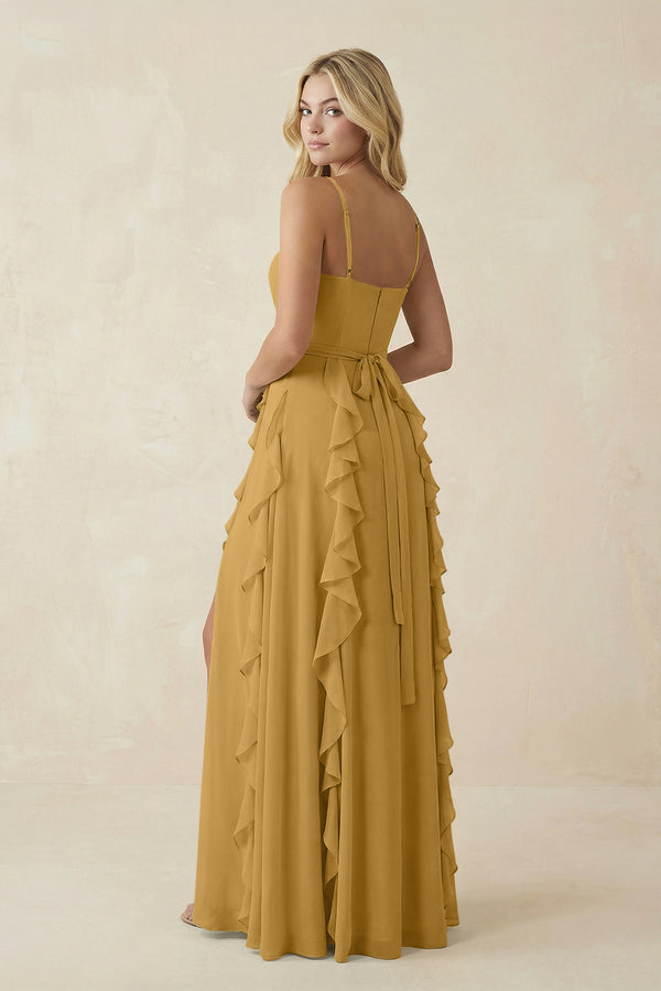 Marigold Tiered Ruffle A-Line Chiffon Bridesmaid Dress (2) | KISSBRIDAL