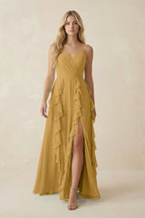 Marigold Tiered Ruffle A-Line Chiffon Bridesmaid Dress | KISSBRIDAL