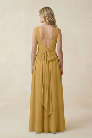 Marigold V-Neck A-Line Bridesmaid Dress with Back Bow (2) | KISSBRIDAL