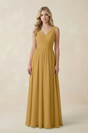 Marigold V-Neck A-Line Bridesmaid Dress with Back Bow | KISSBRIDAL