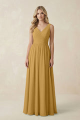 Marigold V-Neck A-Line Bridesmaid Dress with Back Bow | KISSBRIDAL