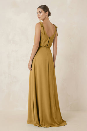 Marigold V-Neck A-Line Chiffon Bridesmaid Dress (2) | KISSBRIDAL
