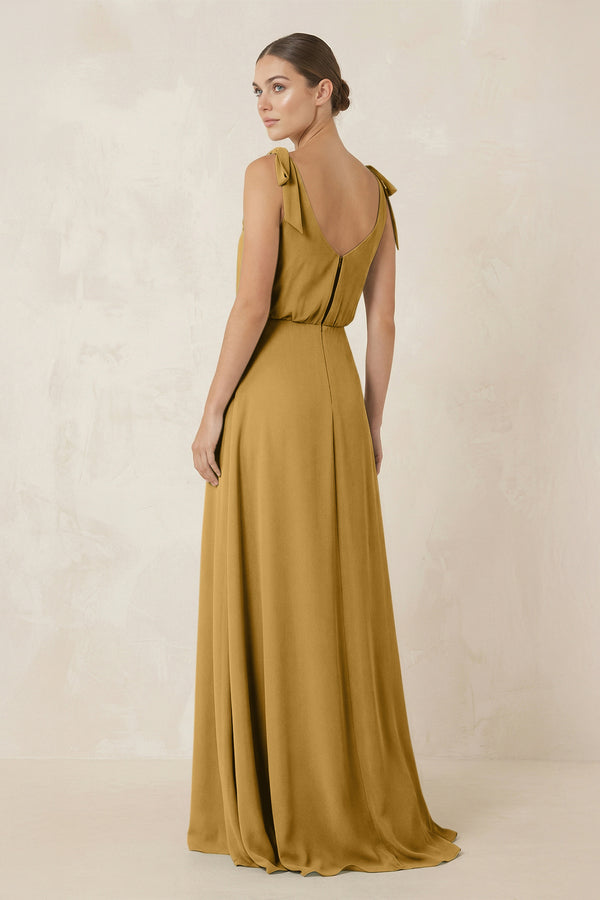 Marigold V-Neck A-Line Chiffon Bridesmaid Dress (2) | KISSBRIDAL