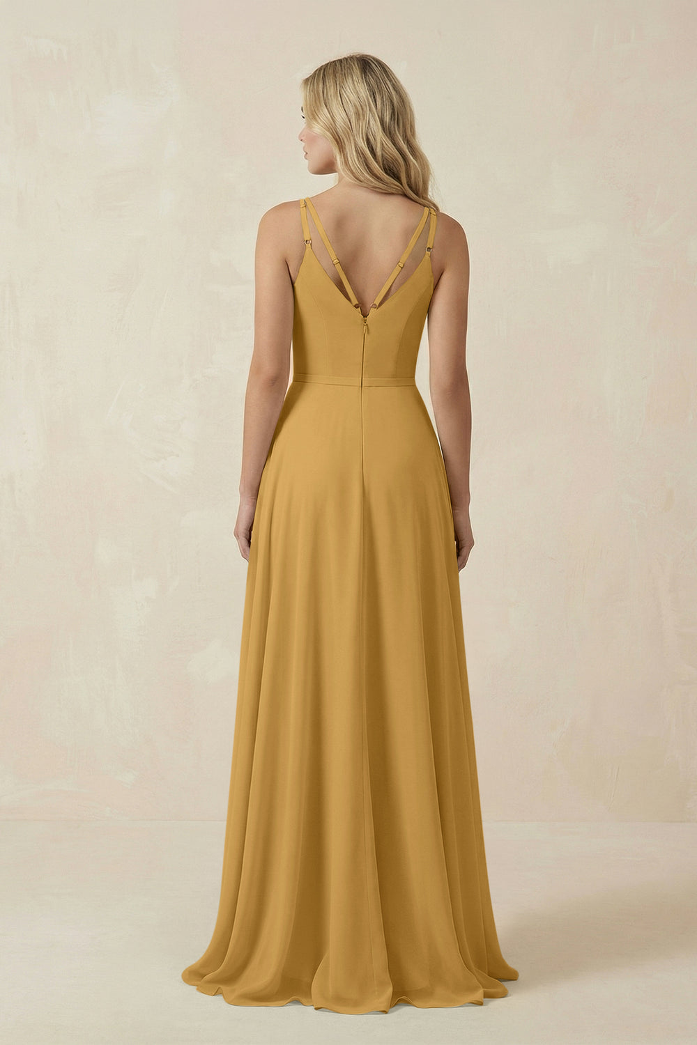 V-Neck A-Line Chiffon Bridesmaid Dress with Crisscross Back in Marigold