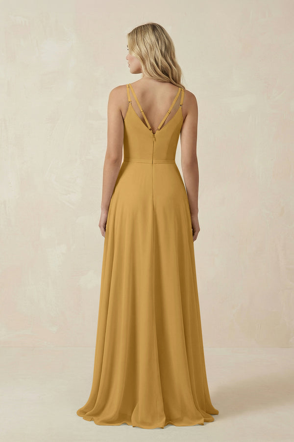 Marigold V-Neck A-Line Chiffon Bridesmaid Dress with Crisscross Back (2) | KISSBRIDAL