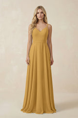 Marigold V-Neck A-Line Chiffon Bridesmaid Dress with Crisscross Back | KISSBRIDAL