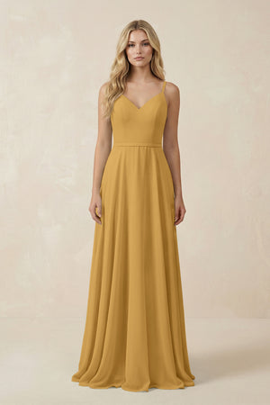 Marigold V-Neck A-Line Chiffon Bridesmaid Dress with Crisscross Back | KISSBRIDAL