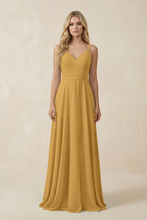 Marigold V-Neck A-Line Chiffon Bridesmaid Dress with Crisscross Back | KISSBRIDAL